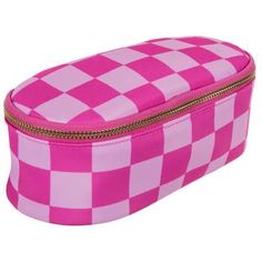 Dimensions: 5" H x 8.5" W x 3.25" D Material: Fabric & Metal Color: Pink, Light Pink & Gold Pattern: Check Quantity: 1 Care: Do Not Wash Keep your things organized on the go with this Checkered Oval Pouch. The pouch has a long oval body with a retro checker pattern and a zipper opening around the top. Its smooth but fun design makes it great for customizing with vinyl or iron-on designs. Personalize this handy pouch for an accessory that matches your unique style. Pink Zipper Pouch Organizer For Storage, Pink Organizer With Zipper Pouch For Storage, Checker Pattern, Gold Pattern, Fun Design, Pink Light, Checkered Pattern, The Pouch, Scrapbook Paper Crafts