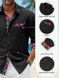 Homme Chemise Chemise Lin Chemisette Chemise d'été Tenues de plage Chemise boutonnée Noir Blanche Rose Claire Bleu manche longue Floral Revers Printemps & Automne Casual du quotidien Vêtement Tenue de 2024 ? $23.99 Black Collared Shirt For Beach Season, Black Beach Tops With Pockets, Black Buttoned Summer Shirt, Black Buttoned Shirt For Summer, Black Long Sleeve Shirt For Vacation, Summer Black Shirt With Buttons, Black Summer Shirt With Buttons, Black Button-up Shirt For Vacation, Casual Collar Black Top For Beach