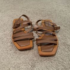 Brand New Brown And Tan Strappy Summer Sandals Flat Brown Sandals, Rainbow Flip Flops, Rainbow Shoes, Rainbow Sandals, Wedge Flip Flops, Brown Flats, Leather Mary Janes, Summer Sandals, Brown Sandals