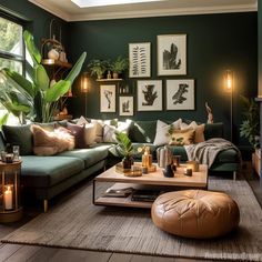 a living room with green walls and furniture