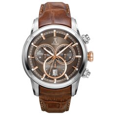 Allurez Men's Swiss Chronograph Brown Dial Luminous Leather Watch - AW151 Mens Rose Gold Watch, Watch Ideas, Gold Watches, Swiss Army Watches, Mens Watches Leather, Mens Chronograph, Mens Sport Watches, Vintage Watches For Men, Chronograph Watch Men