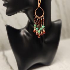 Earrings Hand Created From Copper Wire, Green Turquoise, Agates, Labrarodite And Glass Beads. Bohemian Chandelier Dangle Earrings With Natural Stones, Elegant Copper Earrings With Dangling Beads, Copper Dangle Earrings With Natural Stones, Copper Beaded Dangle Earrings With Dangling Beads, Handcrafted Accessories, Green Turquoise, Earrings Color, Chandelier Earrings, Copper Wire