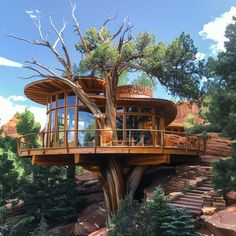 a tree house built into the side of a cliff