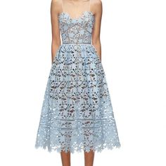 The Dress Features Delicate Spaghetti Straps And The Front Neckline Is Framed With A Scallop Edge. The Skirt Has A Full, Pleated Silhouette And Features A Hand-Cut, Raw Lace Hemline. The Dress Fastens Neatly At The Plunging Back With An Exposed Zip And Contrast Lining. Lined With Nude Stretch-Jersey To The Mid-Thigh, Then Falls To A Sheer Hemline. Us Size 2 Uk Size 6 Pre-Owned But Looks Brand News Midi Evening Dress, Blue Floral Midi Dress, Crochet Midi Dress, Tulle Midi Dress, Black Lace Midi Dress, Cobalt Blue Dress, Self Portrait Dress, Scallop Edge, Ruched Midi Dress