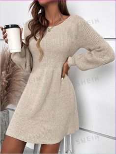 Free Returns ✓ Free Shipping✓. SHEIN Clasi Lantern Sleeve Sweater Dress- Women Sweater Dresses at SHEIN. Casual Sweater Dress, Graphic Print Dress, Lantern Sleeve Sweater, Sweater Dress Casual, Ditsy Floral Dress, Fairy Fashion, Casual Sweater