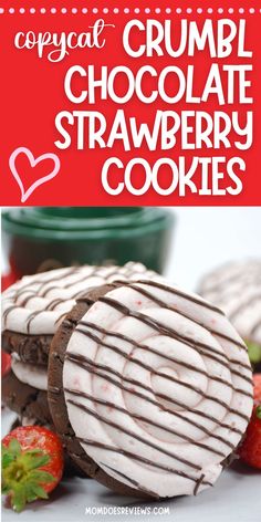 chocolate strawberry cookies with white frosting and strawberries in the background text reads copycat crumbl chocolate strawberry cookies