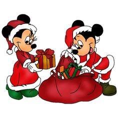 mickey and minnie mouse christmas clipart with santa clause on the back giving presents to each other