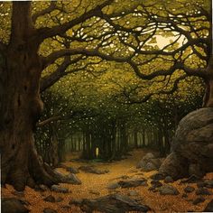 a painting of a forest with rocks and trees in the foreground, yellow leaves on the ground