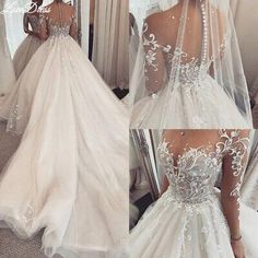 the back of a wedding dress with sheer sleeves and beading on it, in front of