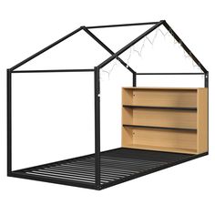 a black metal bed frame with a wooden book shelf underneath it and a white background