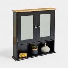 a black cabinet with two doors and some plants on it's shelf next to a potted plant