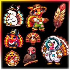 an assortment of thanksgiving stickers on a black background