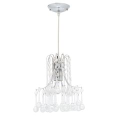 a white chandelier with clear glass beads hanging from it's center point