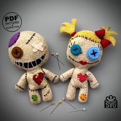 two voodoo dolls made to look like they are holding each other's hands with pins in their mouths