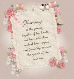 a wedding card with two birds on top of it and roses around the edges,