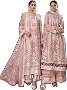 Pink Embroidered Georgette Lawn Suit, Pink Georgette Lawn Suit With Floral Embroidery, Embroidered Chiffon Salwar Kameez For Eid, Embroidered Chiffon Dupatta For Eid, Semi-stitched Embroidered Chiffon Sets, Embroidered Semi-stitched Chiffon Sets, Traditional Embroidered Chiffon Sets, Embroidered Chiffon Sets With Long Sleeves, Pink Embroidered Lace Sets