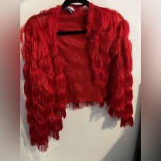 Red Fringed Jacket, Never Worn. New Without Tags. Size Small, Perfect Statement Piece! Red Long Sleeve Holiday Outerwear, Red Spring Party Outerwear, Spring Party Red Outerwear, Red Evening Blazer For Spring, Red Holiday Blazer With Long Sleeves, Red Long Sleeve Cardigan For Party, Holiday Red Long Sleeve Blazer, Red Long Sleeve Holiday Blazer, Red Long Sleeve Party Cardigan