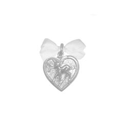 a silver heart with a white ribbon on it and an angel charm in the shape of a heart