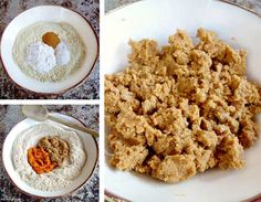 three pictures show different stages of food being made and then put in the same bowl