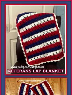 an american flag crocheted afghan is shown with the words veterans lap blanket written in red, white and blue