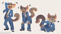 three cartoon cats dressed up in suits and ties, one is wearing a blue suit