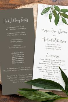 Wedding ceremony program with elegant greenery and foliage Botanical Leaves