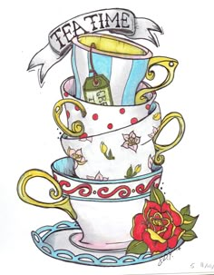 a drawing of three stacked teacups with the words'tea time'on them