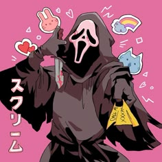 a person in a black hoodie holding a knife and some stickers on their face