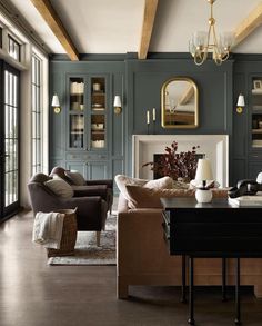 a living room filled with furniture and a fire place in the middle of a room