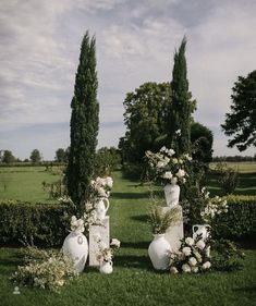 two white vases sitting in the middle of a lush green field