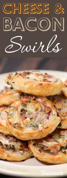 bacon and cheese mini quiches on a plate with text overlay that reads, cheesy bacon and savors