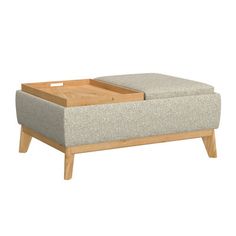 the ottoman is made from wood and has two trays for storage on top of it