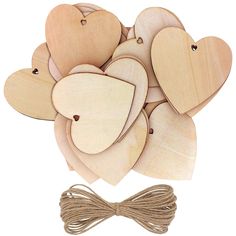 wooden heart shapes with string attached to them