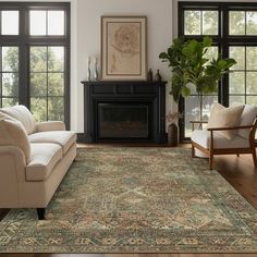 a living room with couches, chairs and a rug in front of a fireplace