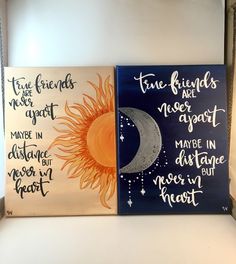 A personal favorite from my Etsy shop https://www.etsy.com/listing/516302727/true-friends-sun-moon-distance-canvas Friend Painting Ideas, Friendship Paintings, Best Friend Canvas, Art Mini Toile, Friend Canvas, Diy Christmas Paintings, Paintings Easy, Friend Painting