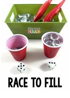 two plastic cups with dices in them and the words race to fill