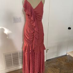 Nwt Keepsake Gown With Ruffle And Lace Accents. Rose Color. Size Large Spring Wedding Gown With Ruched Detail, Feminine Ruched Maxi Dress For Wedding, Summer Wedding Gown With Ruched Details, Rose Color, The Label, New Dress, Wedding Dresses, Womens Dresses, Lace