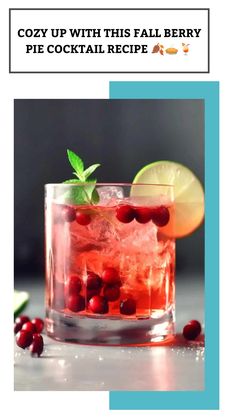 a cocktail with cranberries and lime on the rim is featured in this postcard