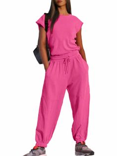 PRICES MAY VARY. 【Material】The One Piece Jumpsuits is made by 68%cotton+27%polyester+5%elastane. It's skin friendly and breathable, keep you cool and comfortable during sports and daily wear, perfect for summer wear. 【FEATURES】Breathable design, billowy legs in a soft terry fabrication, crew-neckline, short sleeve silhouette with dropped armholes, cinched waist with adjustable drawstring, pockets for hands, cinched bottom hemlines, cutout at back with a snap-button closure. 【Occasion】The casual Workout Onesie, Yoga Party, Sleeveless One Piece, Outfit Workout, Jumpsuits Women, Sleeve Silhouette, Loose Jumpsuit, Jumpsuit Outfit, Cute Comfy Outfits