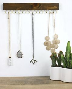 a potted plant sitting on top of a wooden shelf next to a wall mounted necklace holder