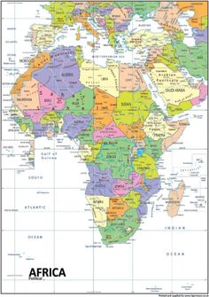 a map of africa with the countries names and their major cities on it's borders