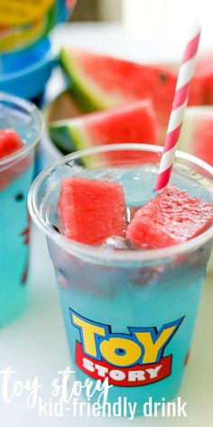 watermelon and ice cream are in cups with straws