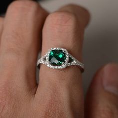 Emerald Ring Split Band Engagement Ring Silver Cushion Cut | Etsy Square Cut Emerald Jewelry With Accent Stones, Cushion Cut Emerald Ring For Formal Occasions, Silver Asscher Cut Emerald Jewelry, Cushion Cut Emerald Green Rings, Elegant Asscher Cut Emerald Ring In Sterling Silver, Silver Cushion Cut Ring For May Birthstone, Silver Emerald Halo Ring Gift, Silver Cushion Cut Ring With May Birthstone, Silver Emerald Jewelry With Square Cut