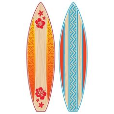 two surfboards with different designs on them