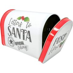 a white and red mailbox with the words letters to santa written in black on it