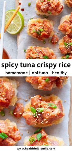 some food that is on top of a piece of paper with the words spicy tuna crispy rice