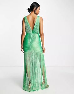 ASOS DESIGN drape fringe maxi dress with wrap detail in green | ASOS Green Fashion, Sleeveless Formal Dress, Open Back, Flapper Dress, Access Denied, Formal Dresses Long, Must Haves, Latest Trends, Asos