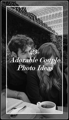 a man and woman sitting next to each other with the words 28 + adorable couple photo ideas