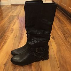 Arizona Jean Co. Black Boots Size 6.5 Never Worn Casual Black Faux Leather Mid-calf Boots, Black Wide Calf Mid-calf Boots With Buckle Closure, Black Mid-calf Boots With Flat Heel, Medium Width, Black Wide Calf Mid-calf Boots With Buckle, Black Boots With Wide Calf Flat Heel, Black Wide Calf Boots With Flat Heel, Casual Black Moto Boots Medium Width, Arizona Jeans, Aspen