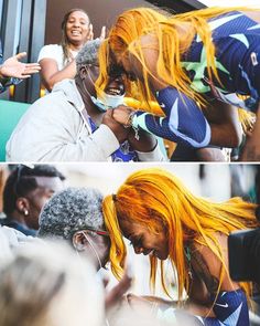 two pictures of people with orange hair and one has her hands on her head while the other is looking at her cell phone